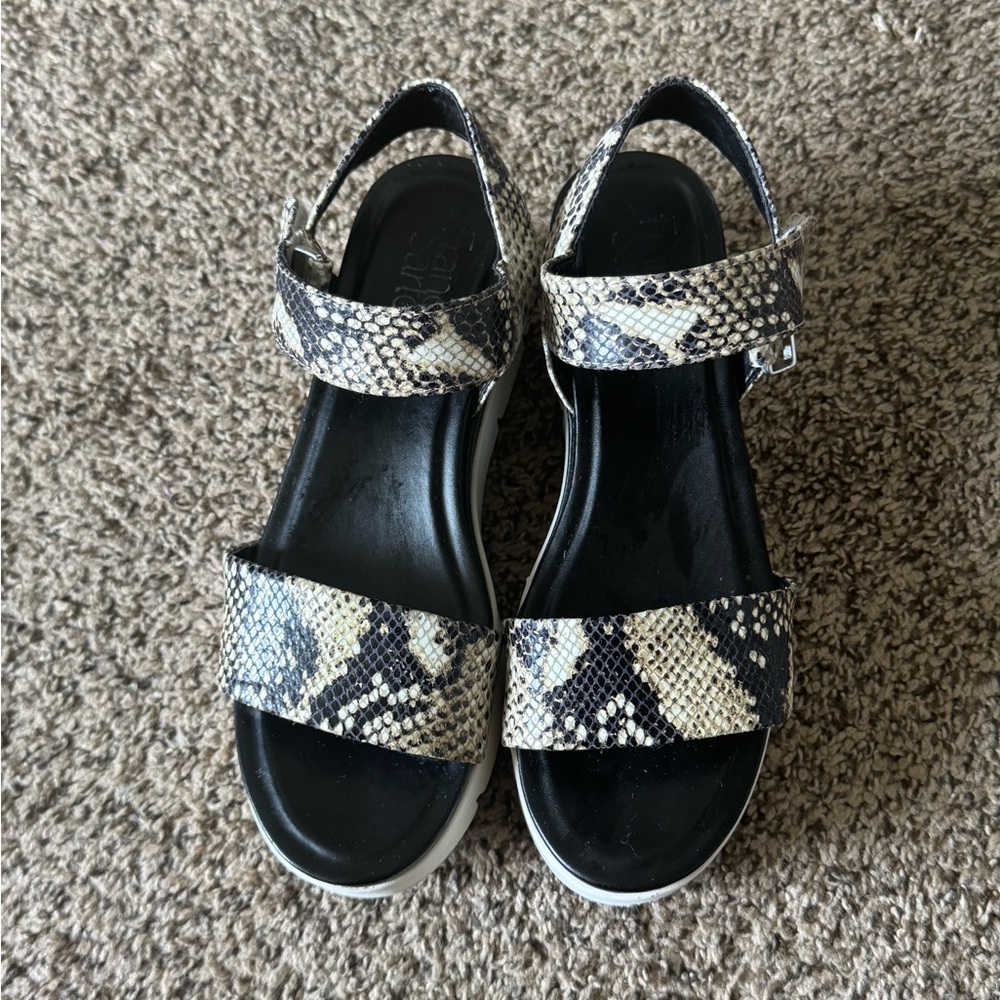 Franco Sarto Black and Cream Snake Print Platform Sandals